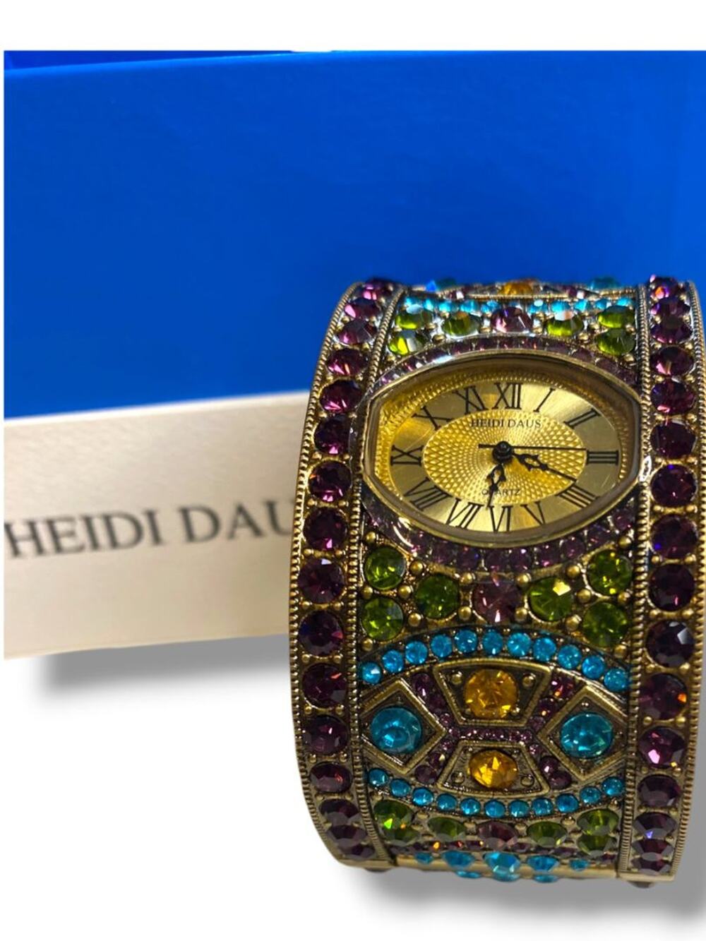 Heidi Daus Divinely Deco Cuff Bangle Watch Pave Crystal Working Multicolor
